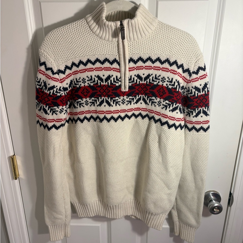 Izod Men's Cream Zip-Up holiday Sweater medium Nordic